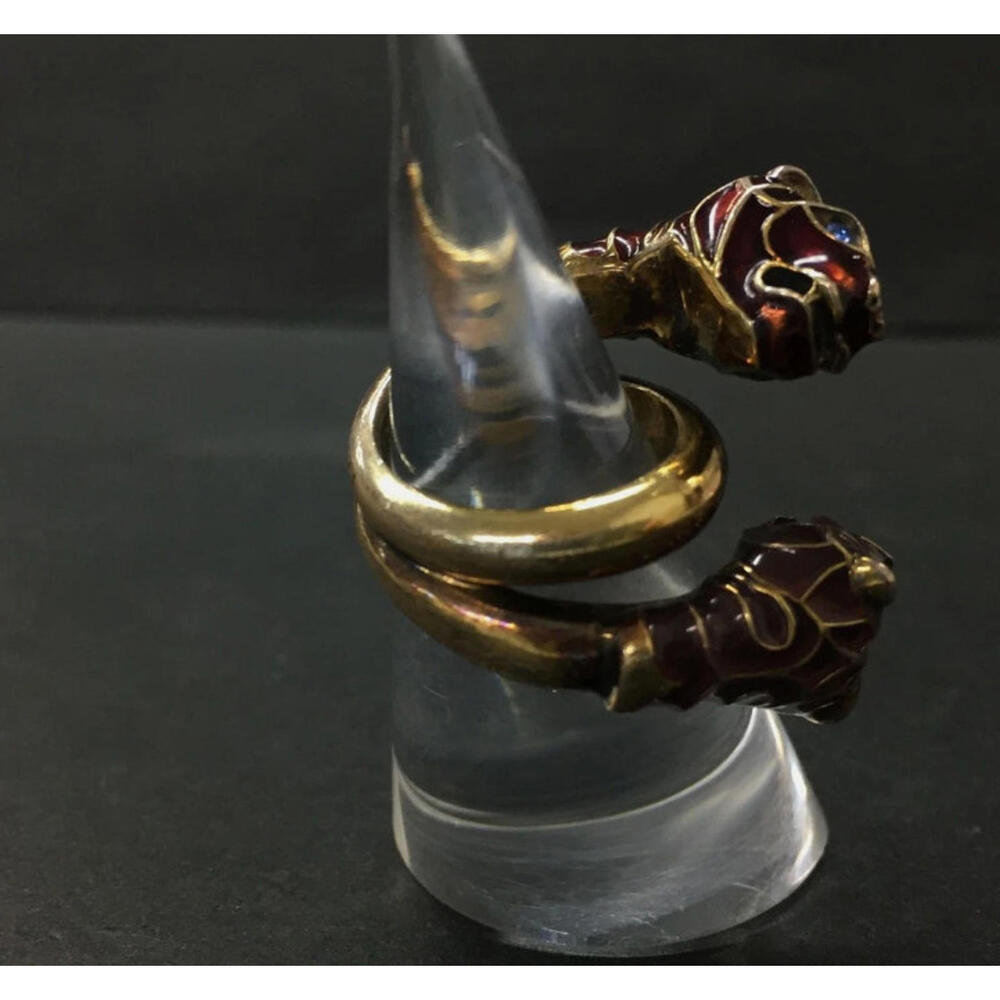 Gucci Gold Double Tiger Head Ring Pinky Blue Crystal Eyes Gold Tone Size 46 3.75 - Picture 2 of 5